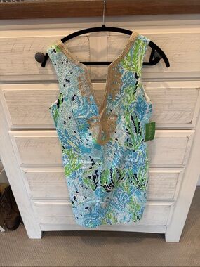 Lilly Pulitzer Aqua, Blue & Green Embroidered V-Neck Shift Dress
